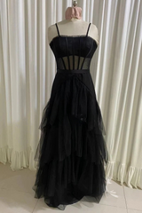Prom Dress On Sale, Black Prom Dress, Elegant A-line Layered Tulle Prom Dresses,Sheer Corset Long Evening Dress