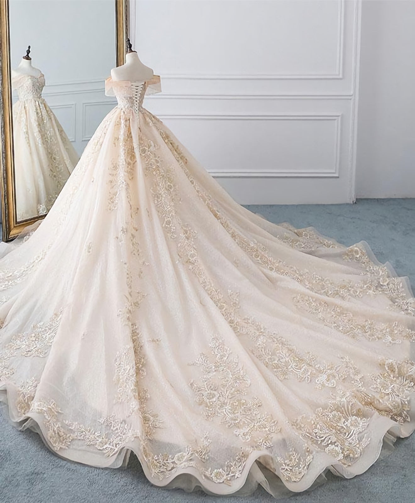 Wedding Dresses Long Sleeves, Champagne Off Shoulder Tulle Lace Long Wedding Dress, Wedding Gown