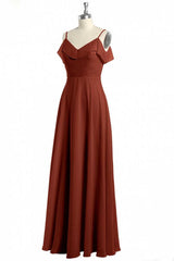 Summer Dress, Rust Orange Chiffon Straps Ruffled A-Line Bridesmaid Dress
