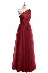 Evening Dresses Fitted, Wine Red Tulle One-Shoulder A-Line Bridesmaid Dress