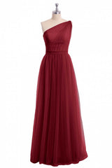 Evening Dress Style, Wine Red Tulle One-Shoulder A-Line Bridesmaid Dress