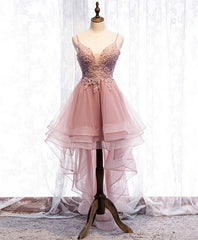 Red Carpet Dress, Pink Tulle Lace High Low Prom Dress, Pink Homecoming Dress, 1
