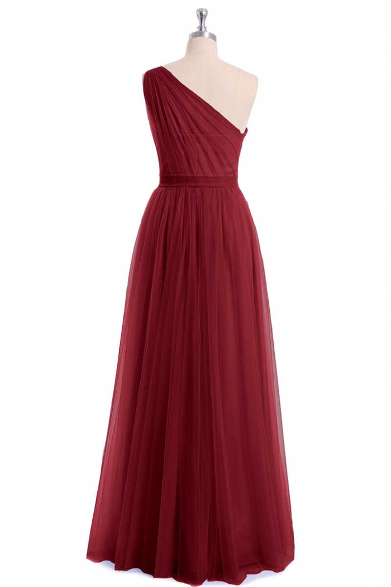 Evening Dresses Red, Wine Red Tulle One-Shoulder A-Line Bridesmaid Dress