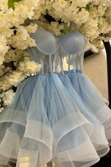 Bridesmaid Dresses Tulle, Light Blue A-line Illusion Tulle Homecoming Dress