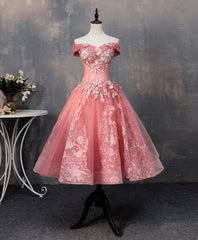 Dream, Pink Tulle Lace Off Shoulder Short Prom Dress, Pink Homecoming Dress