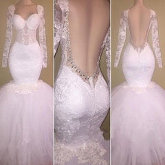 Wedding Dress Classic, sexy appliques backless mermaid wedding dress long sleeve wedding gown