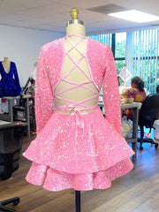 Prom Dresses Open Backs, Pink Cocktail Dresses A-Line V-Neck Long Sleeve Shiny Sequin Homecoming Dresses