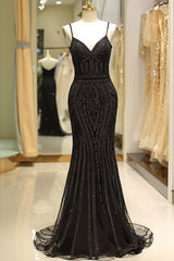 Formal Dresses For Large Ladies, Mermaid Spaghetti Strap Black Beading Long Prom Dress