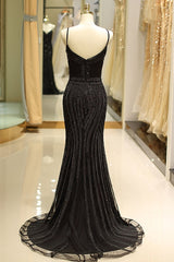 Formal Dresses For Girls, Mermaid Spaghetti Strap Black Beaded Formal Evening Dress