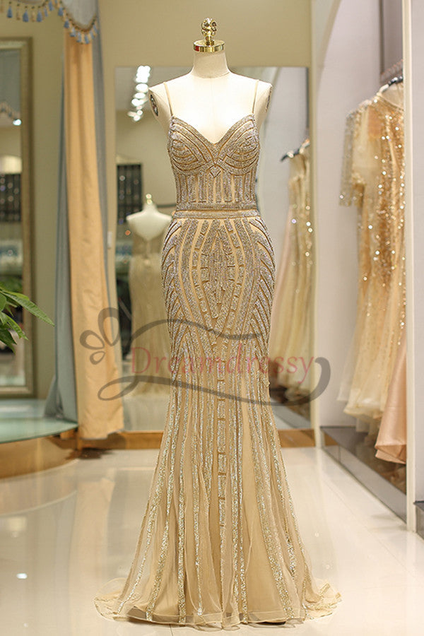 Formal Dresses Over 54, Mermaid Spaghetti Strap Black Beading Long Prom Dress