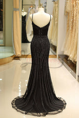 Formal Dresses Midi, Mermaid Spaghetti Strap Black Beading Long Prom Dress