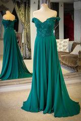 Formal Dresses Lace, Off the Shoulder A-Line Chiffon Emerald Green Prom Dress