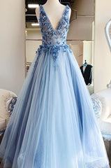 Elegant Wedding Dress, Princess Light Blue Beaded Long Prom Dress with Appliques
