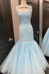Prom Dress Sale, Straps Mermaid Light Blue Lace Appliqued Long Prom Dress