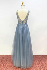 Evening Dresses Suits, V Neck Misty Blue Long Formal Dress