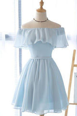 Winter Formal, Cute Off the Shoulder Light Blue Short Dress