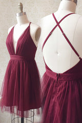 Prom Dresses Under 64, Straps A-line Burgundy Tulle Short Homecoming Dress