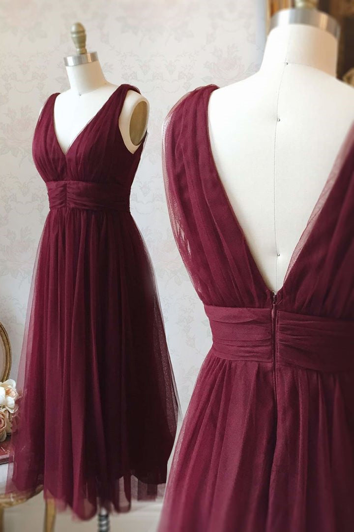 Party Dress Codes, Burgundy V Neck Empire Tulle Short Homecoming Dress