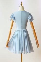 Prom Dresses Pattern, Flutter Sleeves Blue Chiffon Short Homecoming Dress