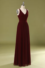 Prom Dresses Long Formal Evening Gown, Sheath V Neck Burgundy Bridesmaid Dress with Lace Back
