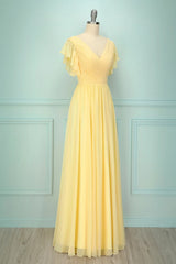 Prom Dresses Bodycon, Elegant V Neck Pleated Yellow Bridesmaid Dress with Ruffles