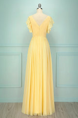 Prom Dresses With Pockets, Elegant V Neck Pleated Yellow Bridesmaid Dress with Ruffles