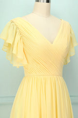 Prom Dress Bodycon, Elegant V Neck Pleated Yellow Bridesmaid Dress with Ruffles