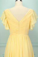 Prom Dress With Pocket, Elegant V Neck Pleated Yellow Bridesmaid Dress with Ruffles