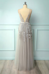 Formal Dress For Wedding Guests, A-line Low V-Back Grey Bridesmaid Dress with Lace