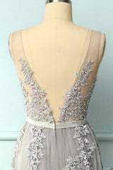 Formal Dress For Wedding Guest, A-line Low V-Back Grey Bridesmaid Dress with Lace