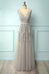 Formal Dress To Attend Wedding, A-line Low V-Back Grey Bridesmaid Dress with Lace