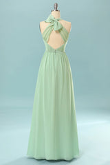 Prom Dresses Aesthetic, Halter Mint Green Bridesmaid Dress with Bowknot