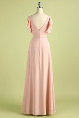 Prom Dress Blue Long, Elegant V Neck Pleated Pink Bridesmaid Dress with Ruffles