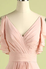 Prom Dress Long Blue, Elegant V Neck Pleated Pink Bridesmaid Dress with Ruffles