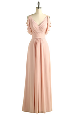 Prom Dresses Blue Long, Elegant V Neck Pleated Pink Bridesmaid Dress with Ruffles
