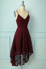 Prom Dress Designer, Spaghetti Strap High-Low Burgundy Lace Bridesmaid Dress