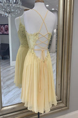 Evening Dress With Sleeve, V-Neck Yellow beaded Lace Applique Homecoming Dress