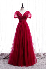 Party Dresses Ladies, Classic Red V-Neck Beaded Long Formal Dress