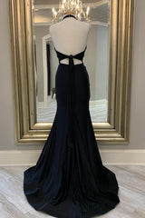 Open Back Prom Dress, Mermaid Halter Black Long Prom Dress