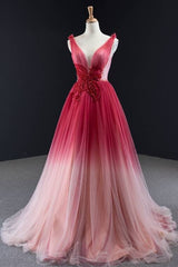 Trendy Dress Outfit, Ombre Red A-line Tulle Long Formal Dress