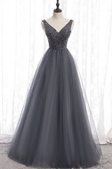 Party Dress Night, Classic A-line Grey Tulle Long Formal Dress