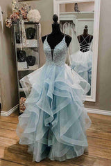 Prom Dress Long, Straps Light Sky Blue Prom Dress with Ruffles