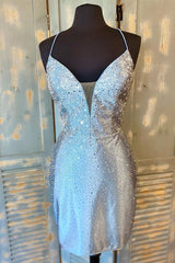 Homecoming Dresses Pretty, Tight Silver Beaded Short Homecoming Dress