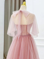 Satin Dress, Pink Tulle Tea Length Prom Dress, Pink Tulle Formal Dress