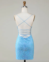 Formal Attire, Sparkly Blue Beaded Lace Up Tight Short Homecoming Dress