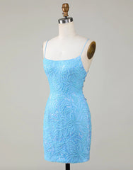 Party Outfit Night, Sparkly Blue Beaded Lace Up Tight Short Homecoming Dress