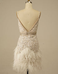 Evening Dress Long Sleeve, Gorgeous White Spaghetti Straps Beaded Homecoming Dress With Feather