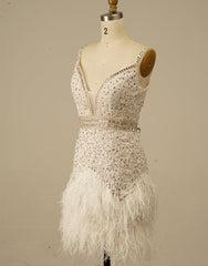 Evening Dresses Long Sleeve, Gorgeous White Spaghetti Straps Beaded Homecoming Dress With Feather