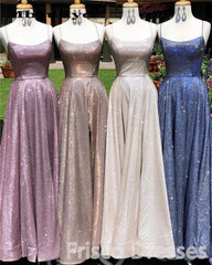 Bridesmaid Dresses Mismatched Colors, A-Line Sparkle Split Backless Evening Dresses  Long Prom Dresses With Pocket