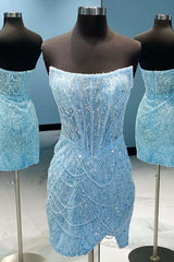 Evening Dress Designs, Light Blue Strapless Short Homecoming Dress